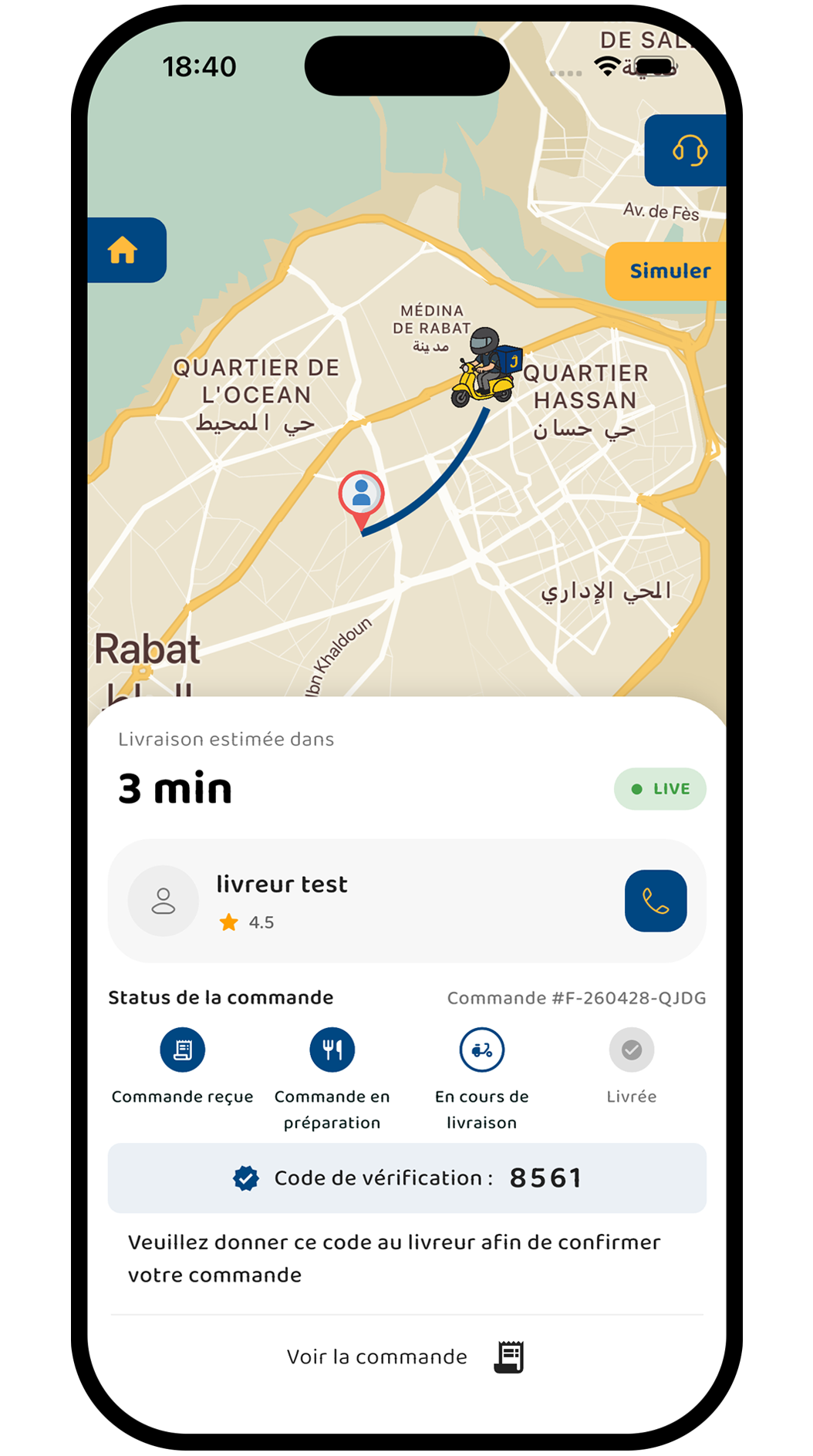 Suivez votre livreur sur la carte. L'ETA descend, minute après minute.